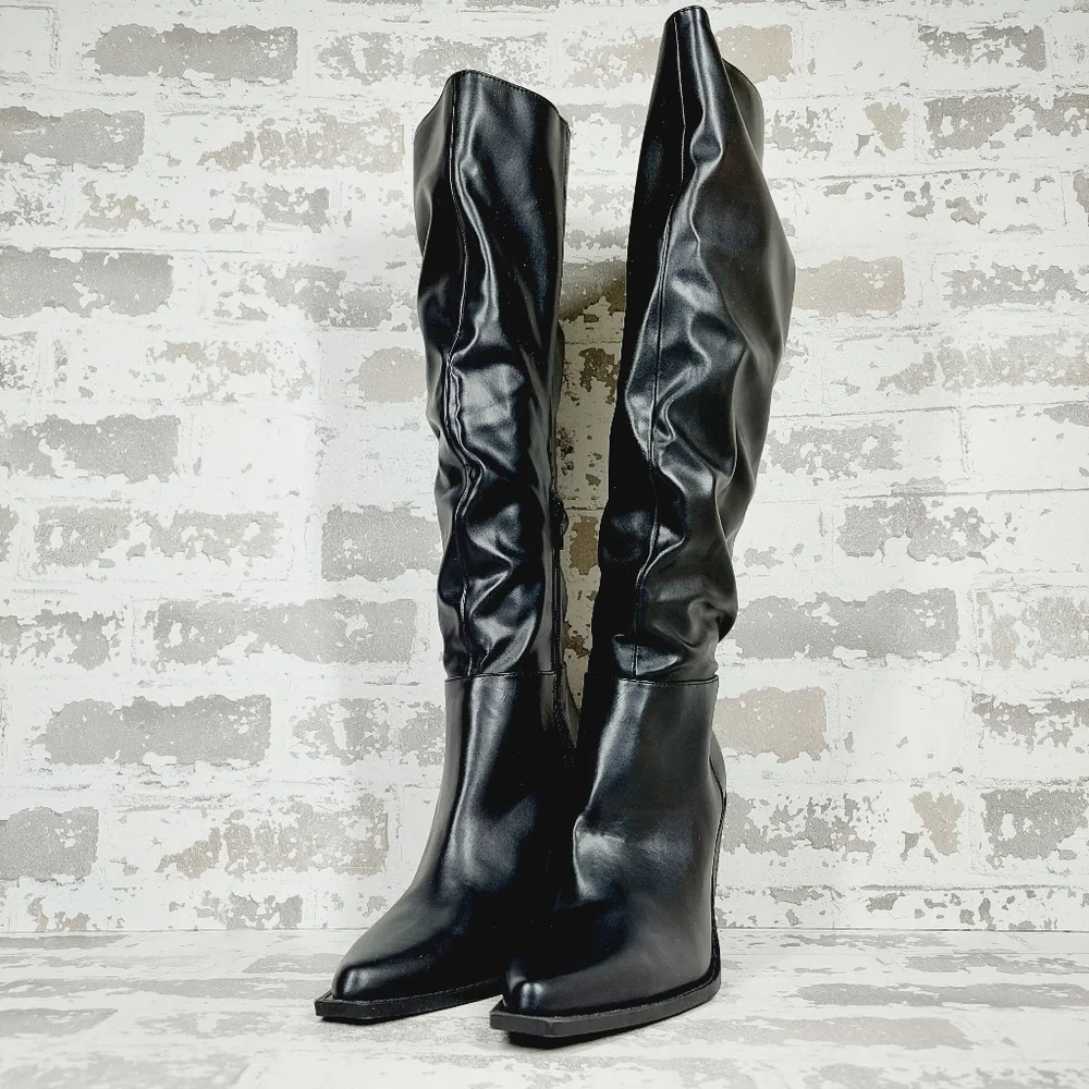 NEW Charles By Charles David In Black Faux Leather Block Heeled Boots B533 - Picture 2 of 12